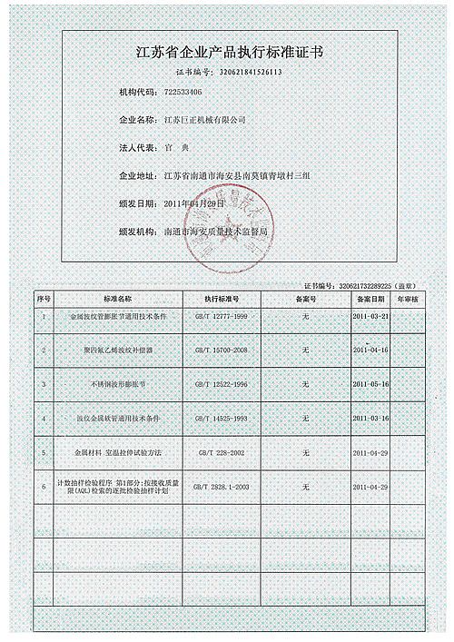 江蘇巨正機械有限公司江蘇省企業產品執行標準證書